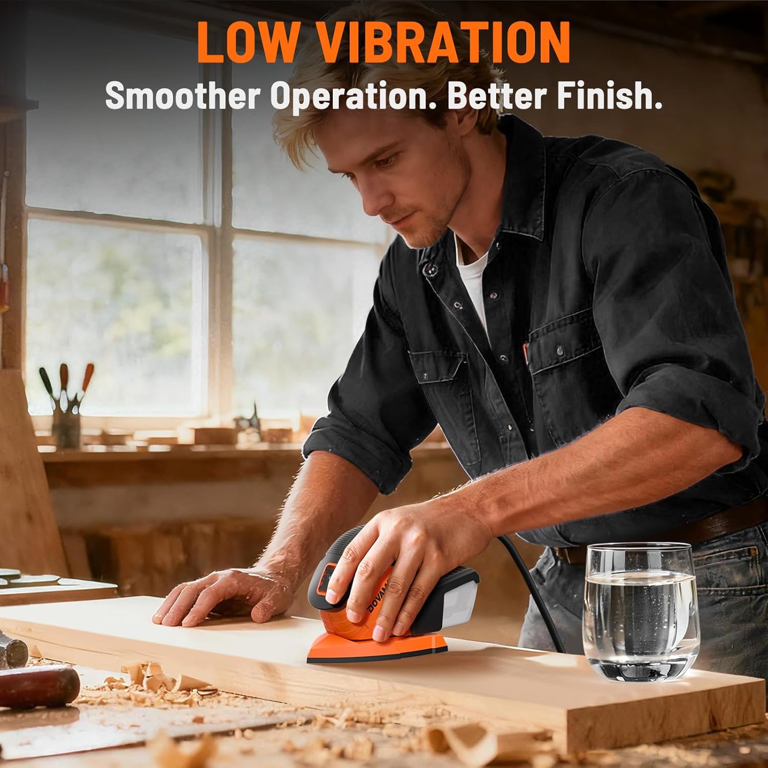 DOVAMAN L5 Apex Detail Sander, 1.1Amp Electric Sander w/Micro-Filter Dust Box, Aluminum Fan Blade, Copper Motor, Max No-load Speed 12,000 RPM, 12PCS(80P/180P) Sanderpapers for Wood, Plastic, Metal