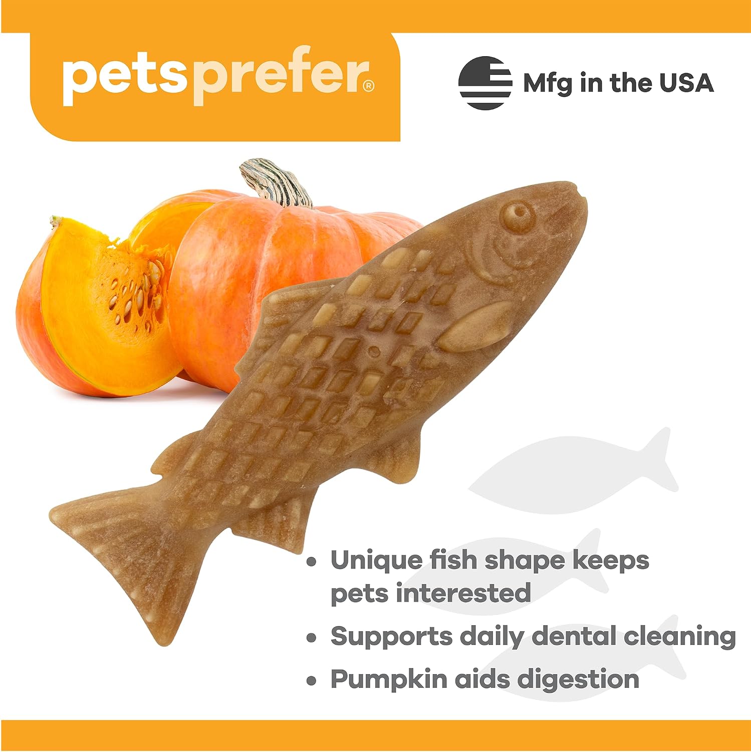 PetsPrefer Chompables Daily Dental Chews for Dogs – Pumpkin Flavor, Fish- Shaped Dental Treats Used to Reduce Plaque, Support Oral Hygiene & Freshen Breath, Dental Chews for Large Dogs, 24-Pack