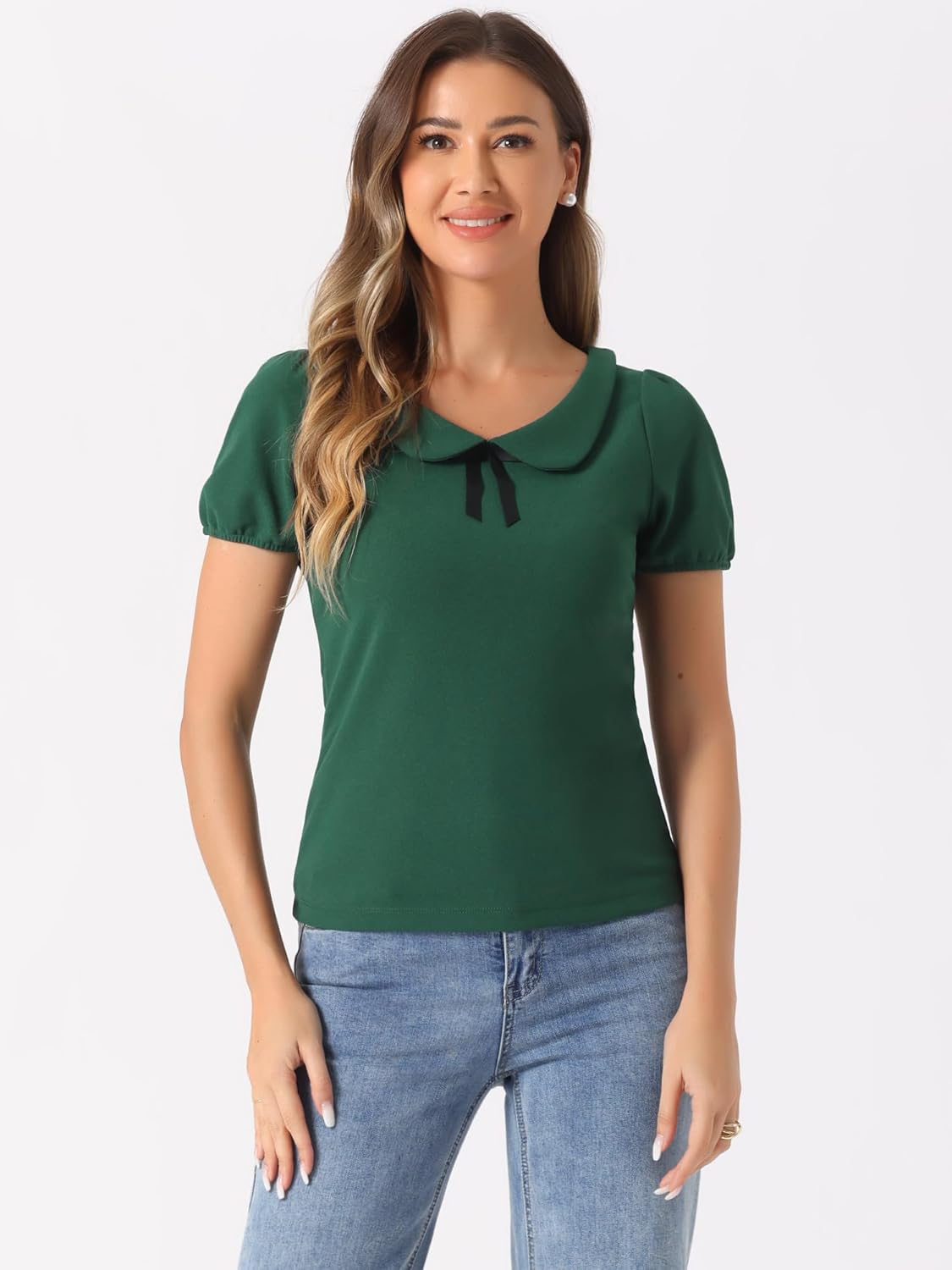 Allegra K Women's Peter Pan Collar Shirt Vintage 1950s Solid Short Sleeve Blouse - Image 3