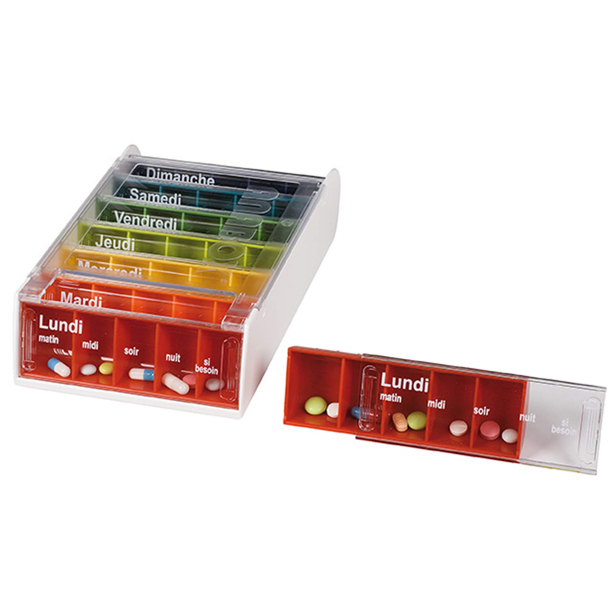 Anabox Portapillole Settimanale Arcobaleno – Portapillole 7 Giorni (Lunedì a Domenica) con 5 Scomparti al Giorno (Mattina, Mezzogiorno, Sera, Notte, Necessità) – Grande Capacità, Senza BPA, Fabbricato
