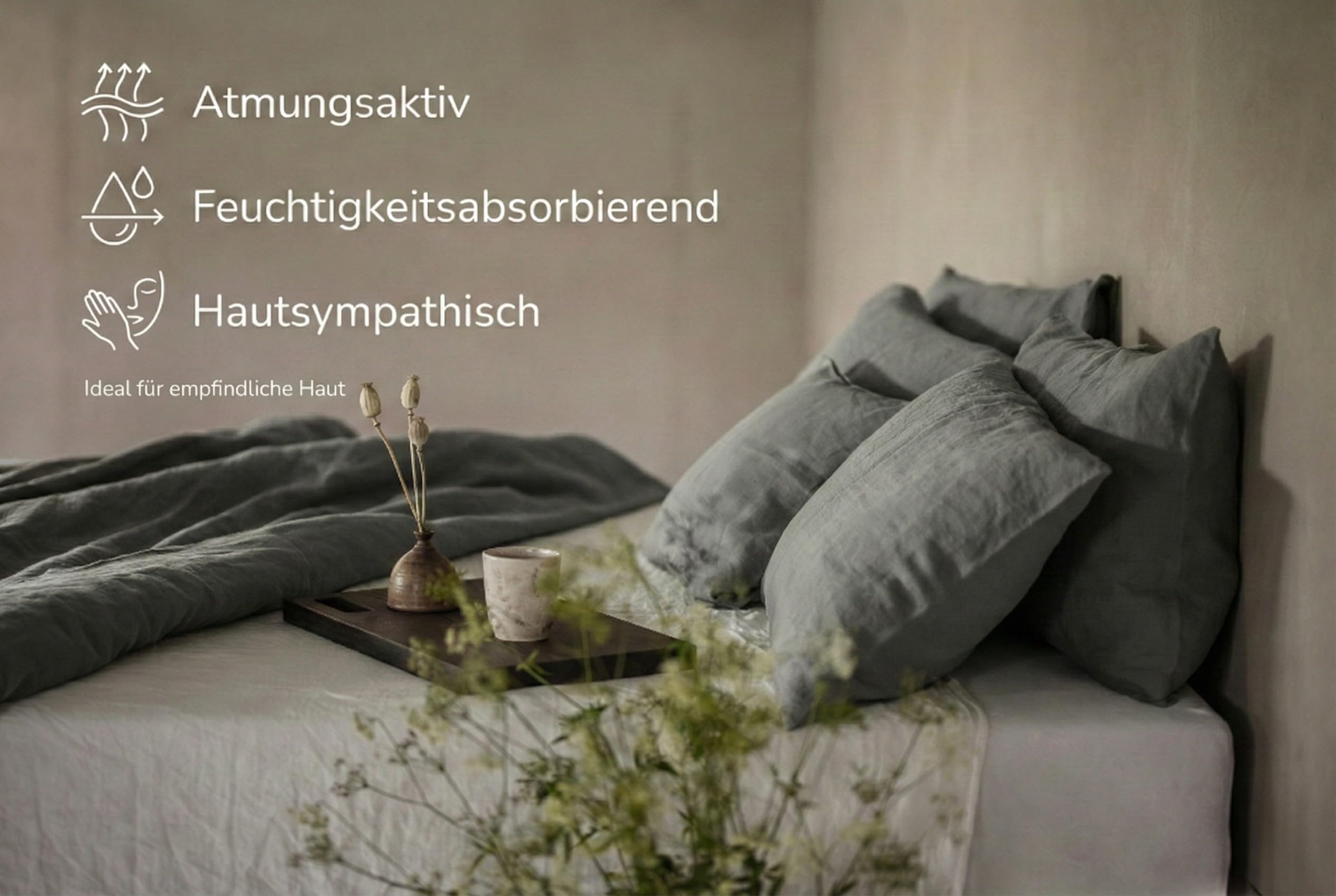 Zestaw pościeli lnianej, 100% naturalny len, z włókien naturalnych, z zamknięciem hotelowym (szary, 200 x 200 cm, 2 szt. 80 x 80 cm)