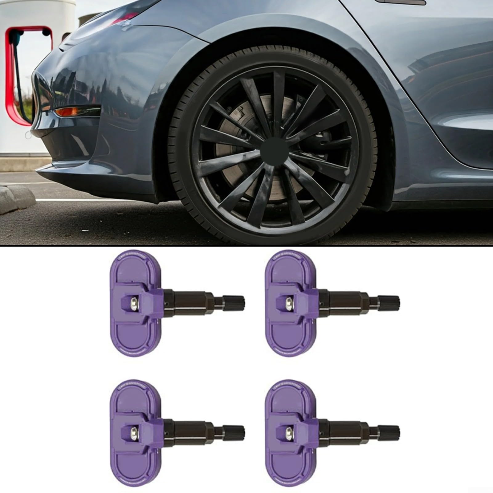 Paquete de 4 sensores TPMS para Tesla Model 3 Y S X 2020-2025, monitor inalámbrico BLE preprogramado de presión de neumáticos, fácil instalación (morado)