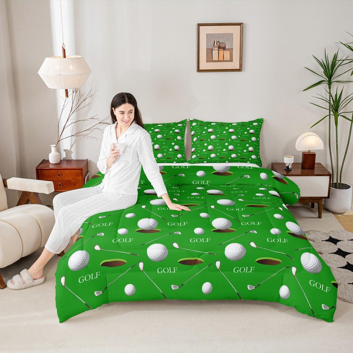 Manfei Golfs Kids Comforter Set Queen Size,Modern Ball Sports Games Fashion Bedding Set,Boys Girls Adults Room Decor,Golf Club Golf Lovers Down Comforter,Green Bright Duvet Insert,2 Pillowcases