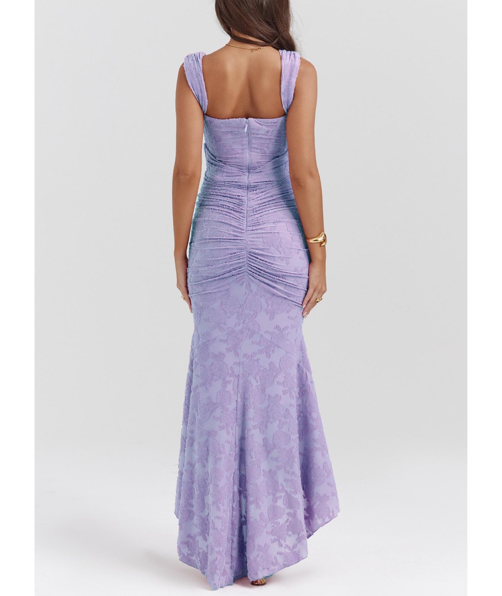 xxxiticat Robe élégante pour femme - Robe moulante en dentelle à queue de poisson - Robe à chevrons - Bandoulière - Robe maxi froncée