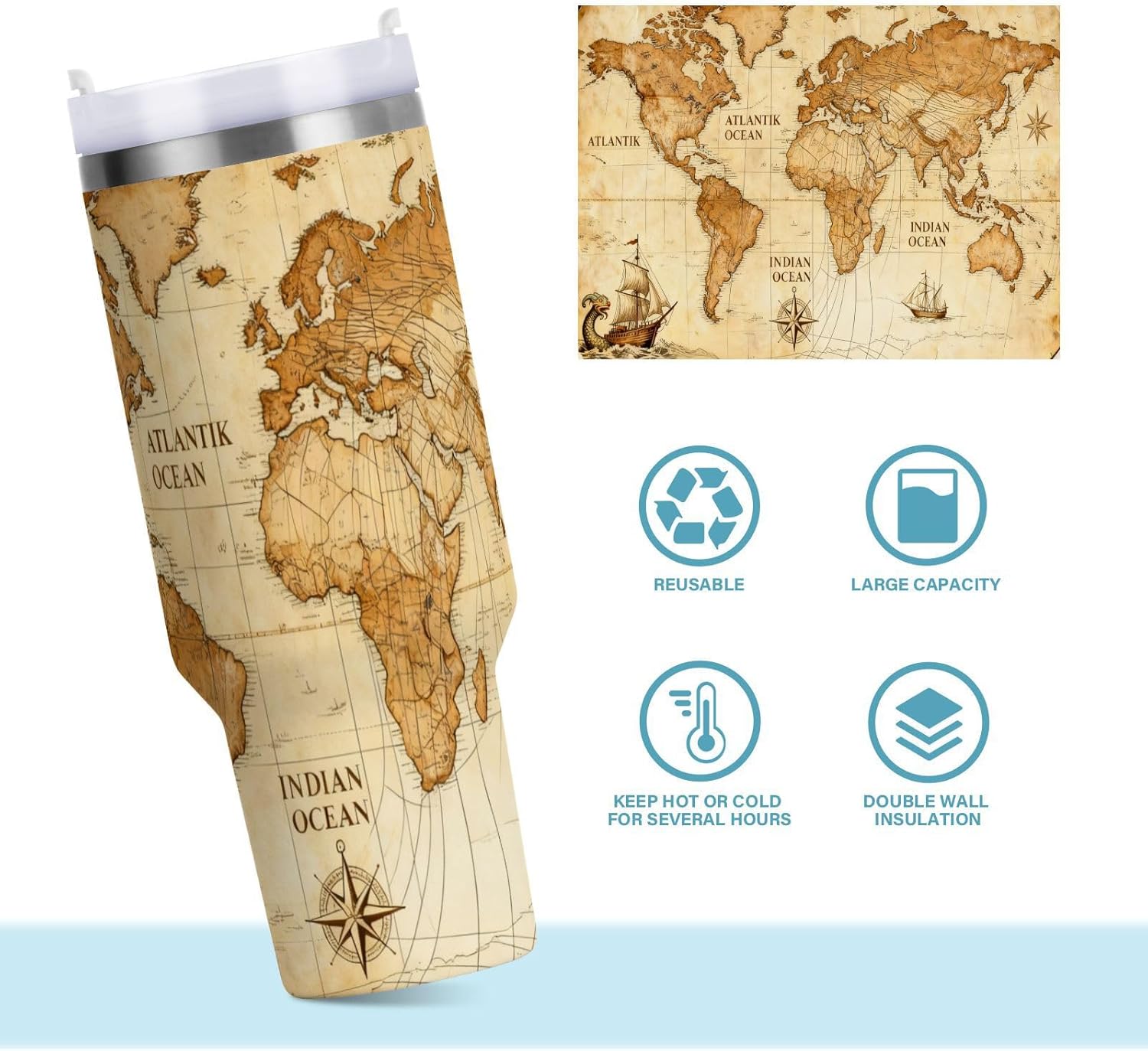 Retro Map Pattern Vacuum Coldee Tumbler with Straw Lid Reusable Water Bottle Wide Mouth 40 Oz Coffee Mug for Man & Woman Gift