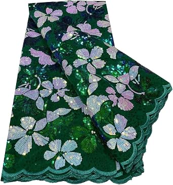 African Flocking Mesh Fabric with Sequin Lace 5yarsd for Dress ML80N0203-A Green