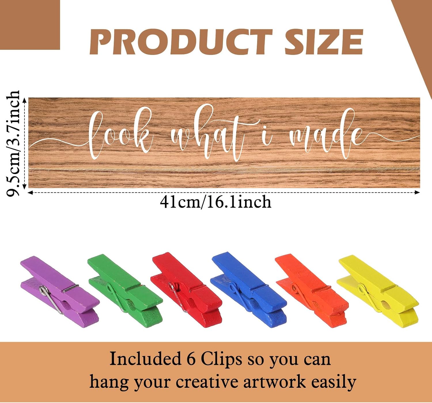 Sawysine Look What I Made Sign with Clips Artwork Display Signs for Wall Hanging Artwork Frames Changeable Art Display Frame Wood Playroom Sign Nursery Wall Decor(Brown)