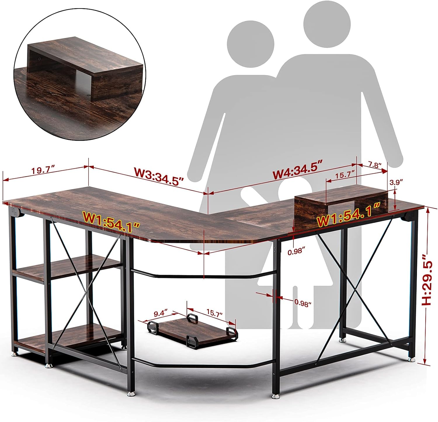 Diagram showing dimensions of the GIKPAL L-Shaped Desk, including desktop length, width, and height