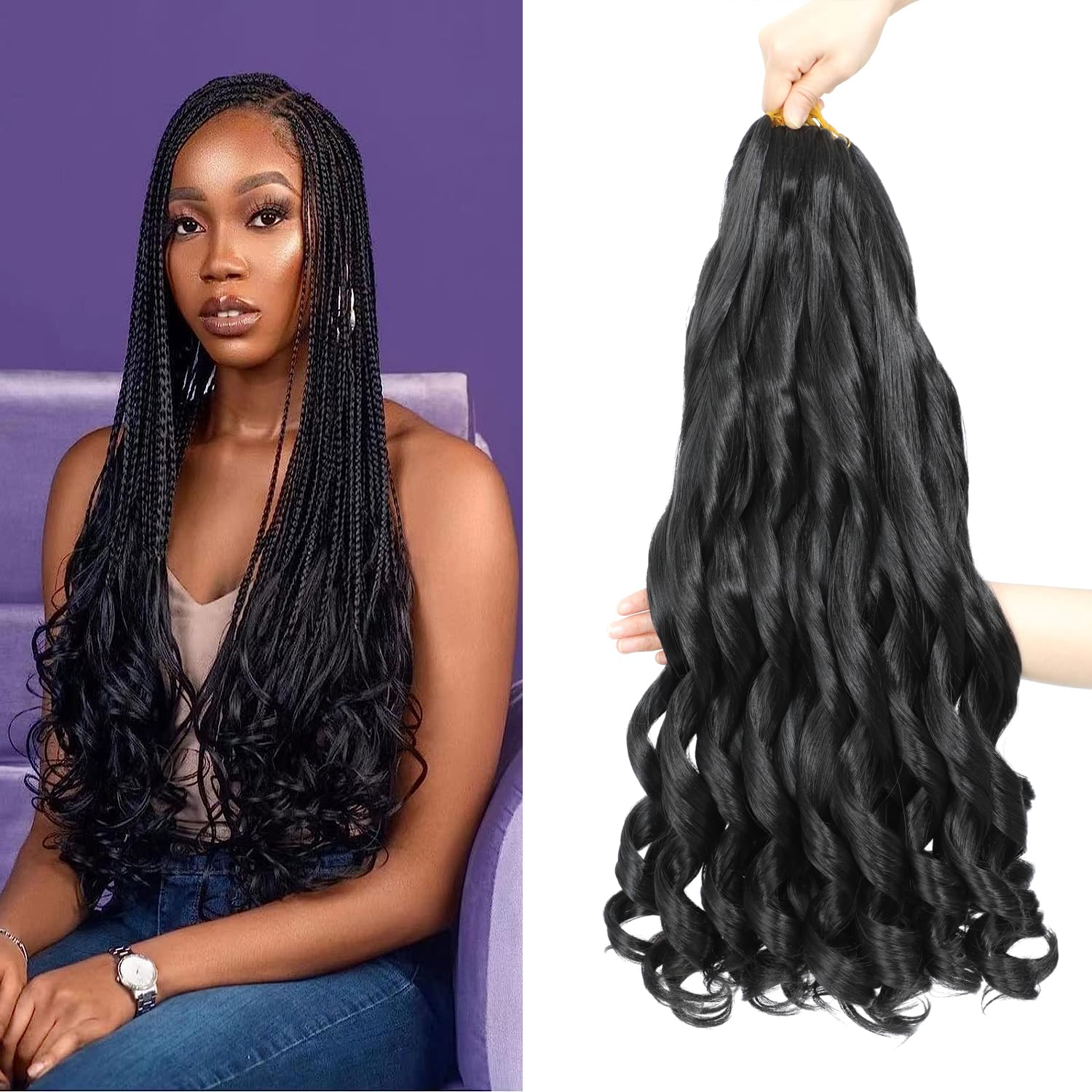 French Curl Braiding Hair 24 Inch 8 Packs Curly Braiding Pre Stretched French Curls Braiding Extension Curl Crochet Braids Spiral Braiding Extensions (1B#