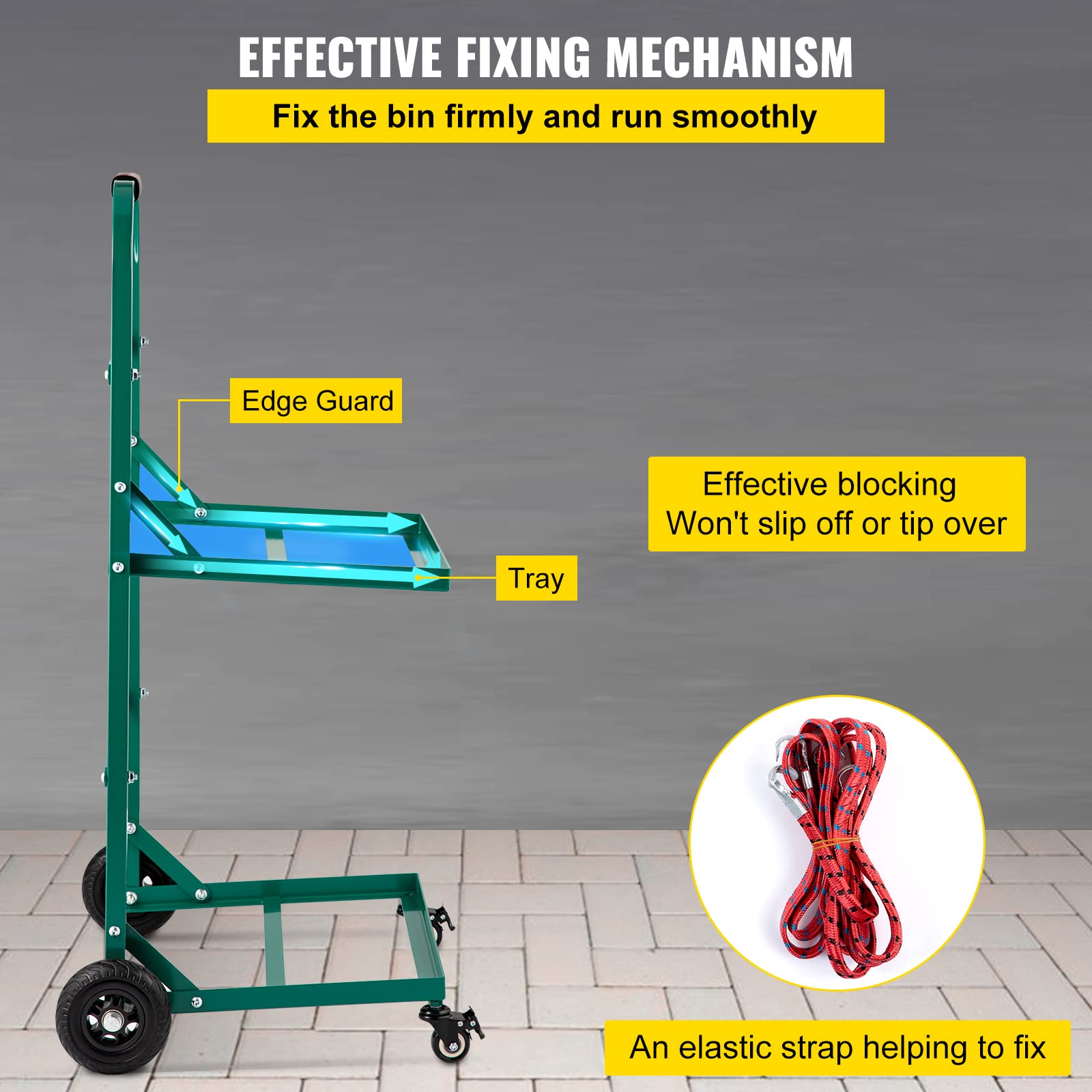 VEVOR Recyclingwagen aus Metall 100 kg Tragfähigkeit Zimmerservicewagen, Grüne Abfallbehälterwagen, Reinigungswagen 4 Rollen rechteckige Werkstattrollwagen, 58 cm x 40 cm x 110 cm für Mülleimer usw.