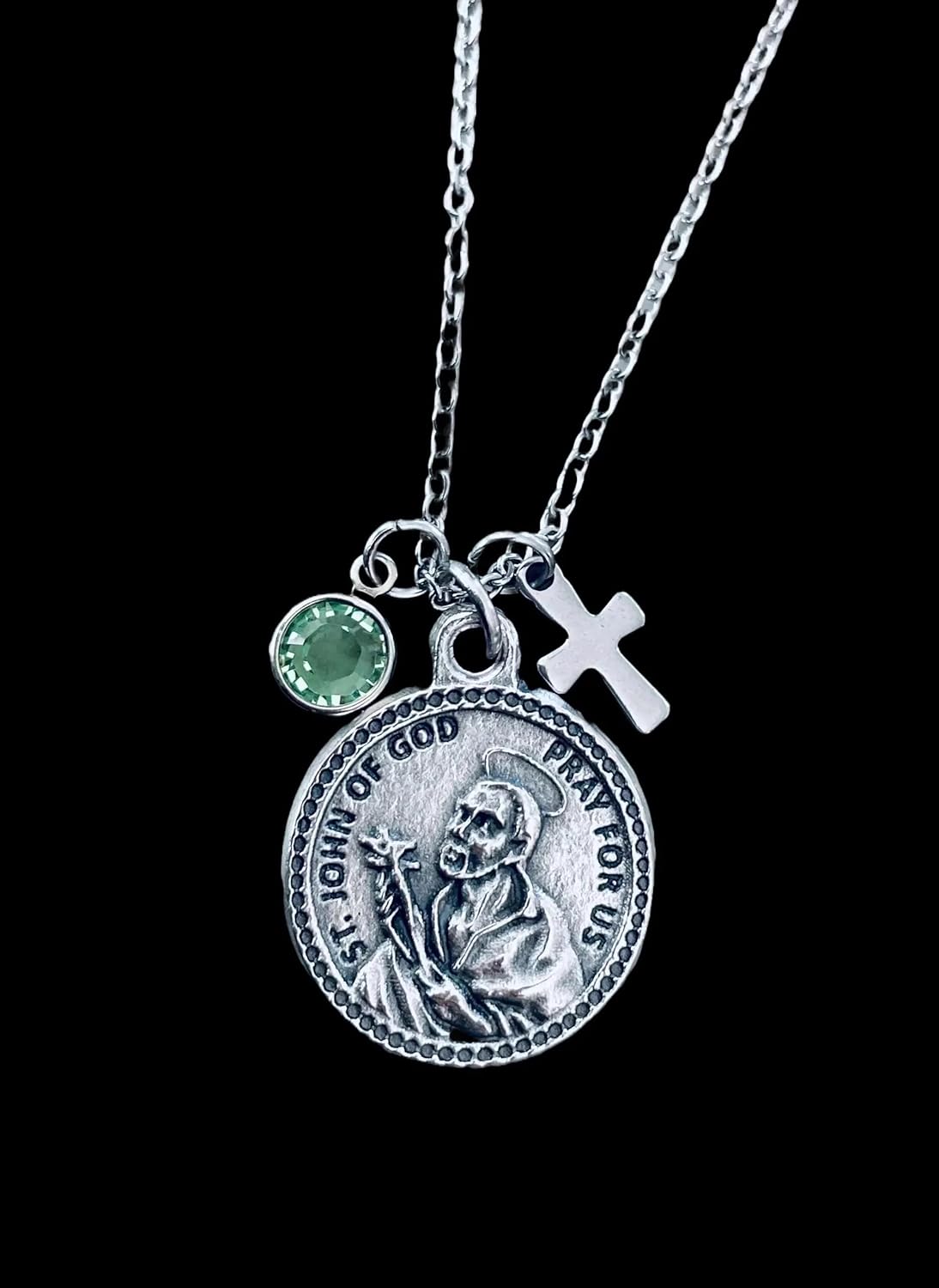 Saint John of God Necklace – Silver Medal Pendant with Cross and Birthstone Charm – Catholic Patron Saint of the Sick Jewelry, Confirmation or Baptism Gift - Image 8