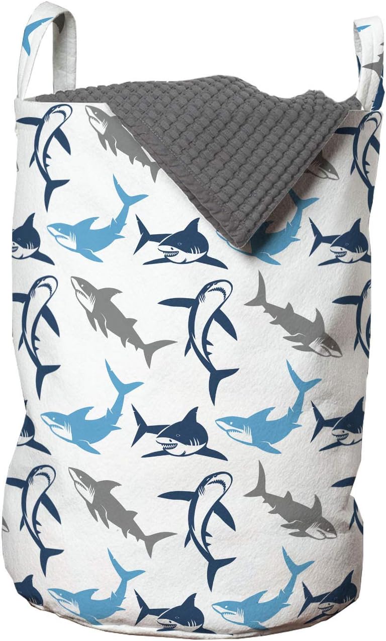 Ambesonne Shark Laundry Bag, Retro Style Different Abstract Silhouettes of Dangerous High Seas, Hamper Basket with Handles Drawstring Closure for Laundromats, 13" x 19", Blue Navy Blue Grey