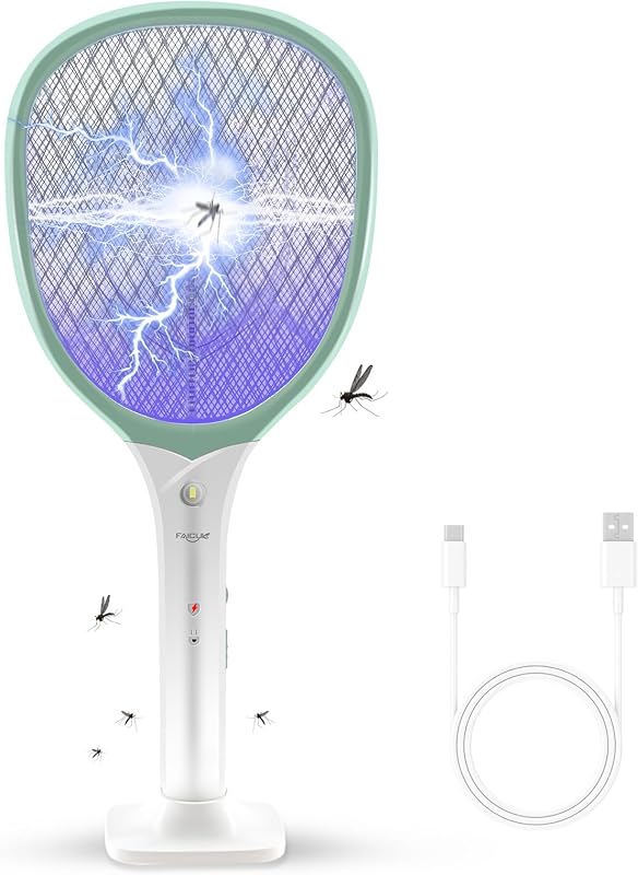 Faicuk Raqueta Exterminador de Insectos de Mano Recargable 2 en 1 Matamoscas Eléctrico (2 en 1 Verde)
