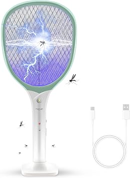 Faicuk Rechargeable Handheld Bug Zapper Racket 2 in 1 Electric Fly Swatter 2 in 1 Green