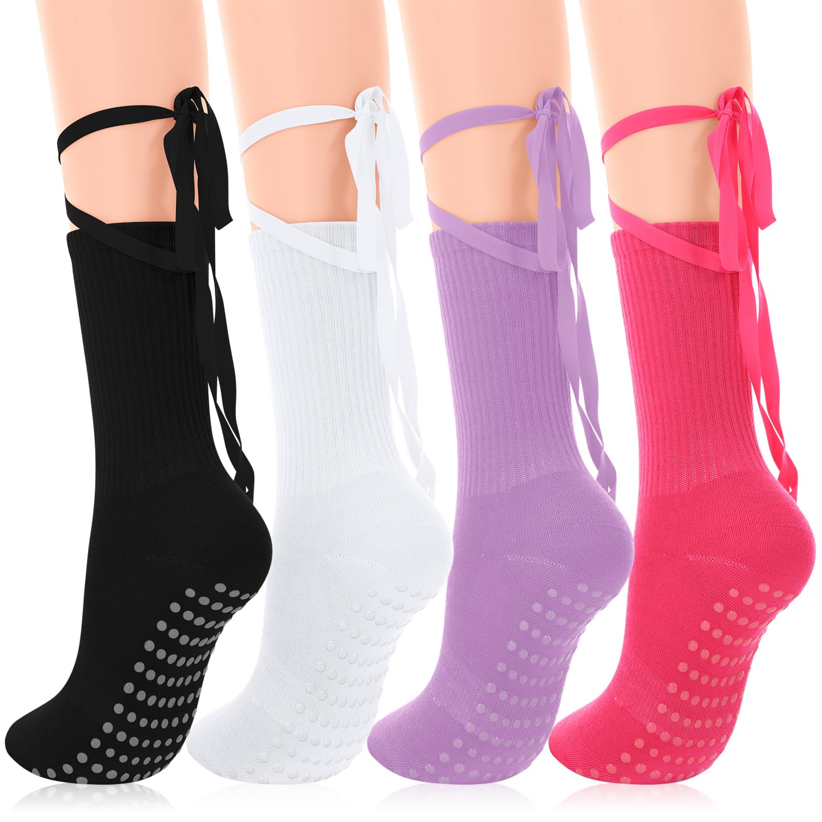 Geyoga 4 Pairs Women Pilates Socks with Straps Non Slip Grip Long Scrunch Reformer Socks Heightened Design for Yoga Ballet Barefoot Workout Dancer Pregnant Hospital Girls Gifts