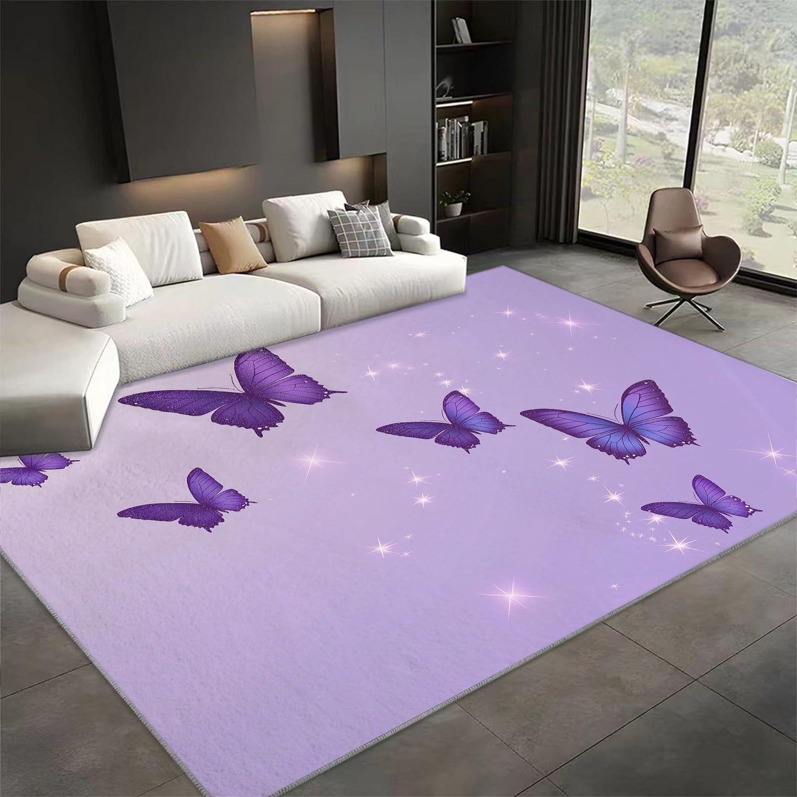 Alfombra Antideslizante Mariposa Morada Alfombra Habitación Infantil, Moderna Alfombra Lavable, Suave Alfombras de Pelo Corto para Salón, Dormitorio de Niña 100 x 200 cm