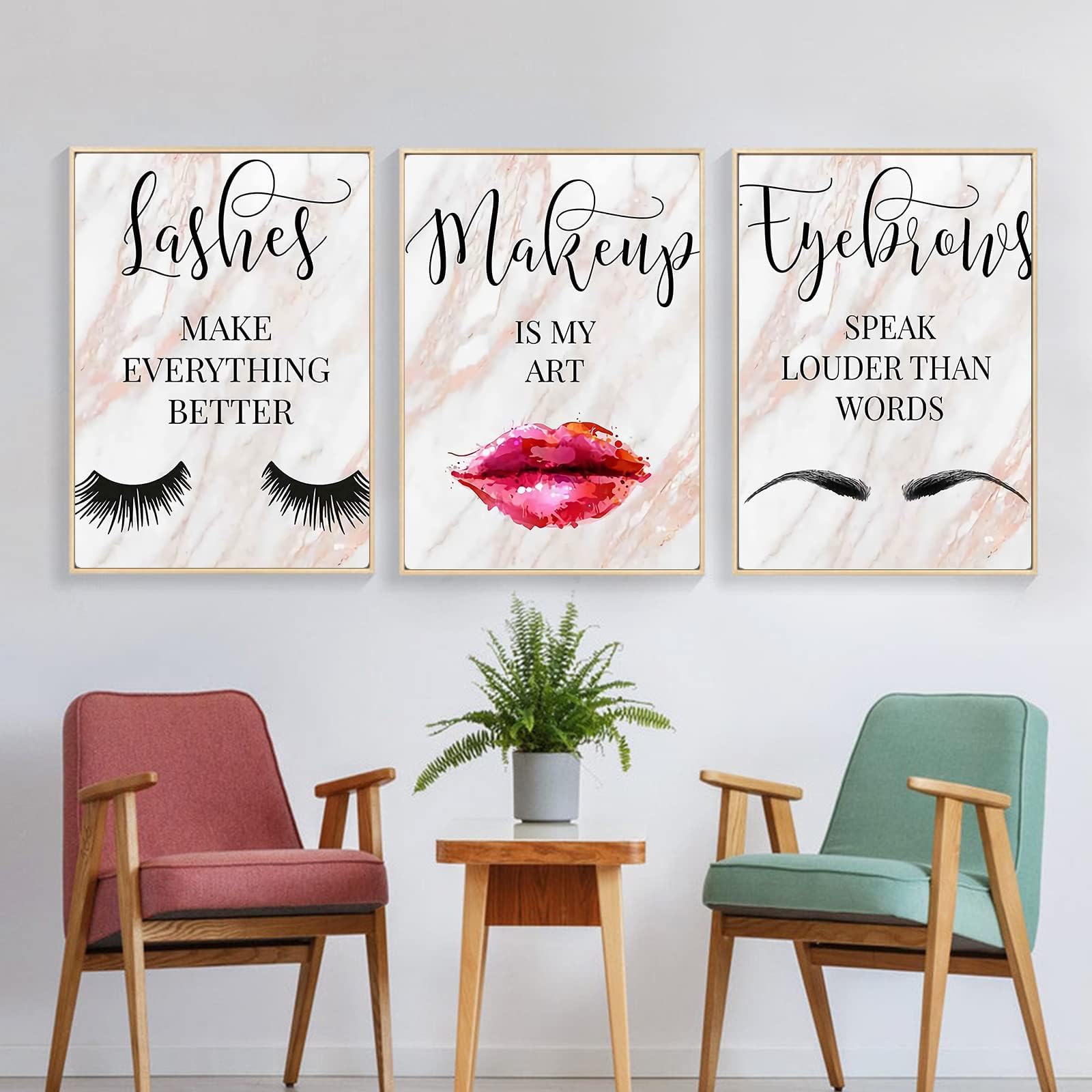 LLOSEUP Makeup Canvas Wall Art Eyelash Eyebrow Lips Wall Painting Beauty Salon Wall Art Poster, Nordic Wall Decor for Fashion Women Girl Room Decoration Unframed