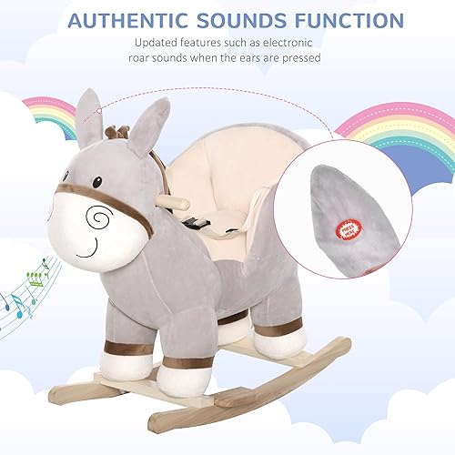 Miniatura 5 de Qaba Mecedora para niños, burro de caballo mecedora de felpa con sonido, asiento base de madera, cinturón de seguridad, juguete mecedor para bebés