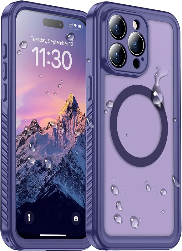 Red2Fire Compatible with iPhone 15 Pro Max Case Waterproof Magnetic Built-in Screen & Camera Protector IP68 Underwater Full Body Military Dropproof Shockproof Translucent Matte Phone Case-Purple