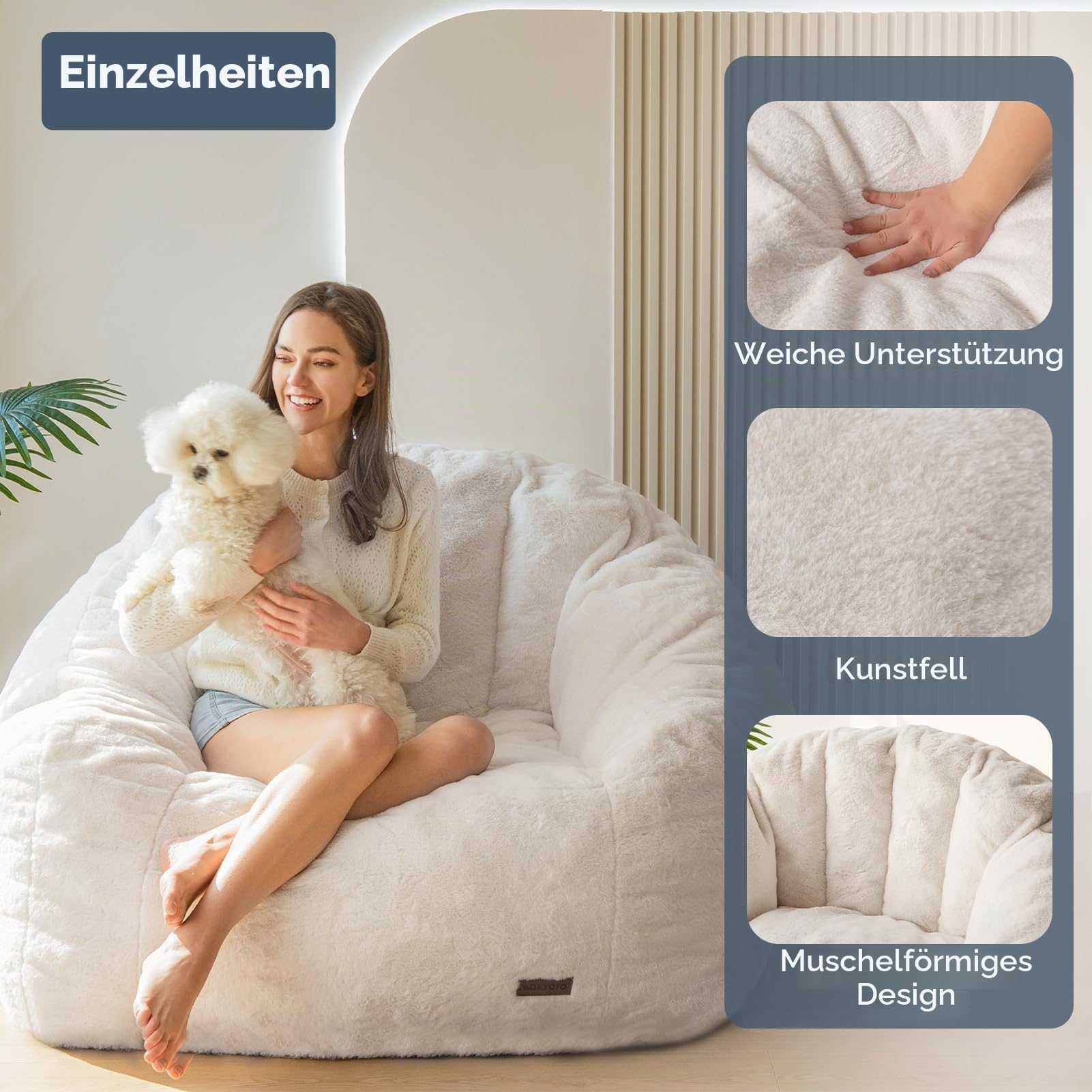 MAXYOYO Sitzsack Erwachsene,Muschelform Bean Bag Sofa mit weicher Füllung,Schlafsofa Kunstfell Sitzsack für Schlafzimmer Wohnzimmer