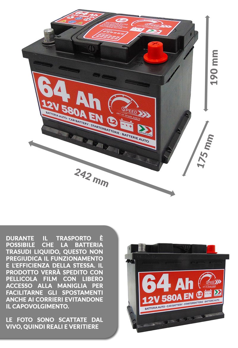 Batterie Auto Speed by SMC L264 12 V 64 Ah 610 A POSITIVE Positive A rechts (+ DX)