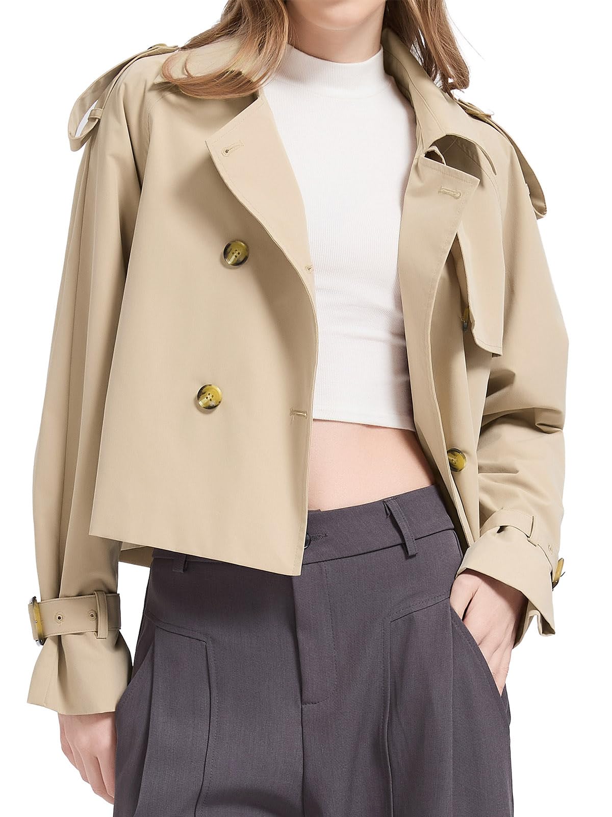 Orolay CHIIONE Cropped Trench Jackets Womens Lightweight Spring Jacket Double Breasted Short Trench Coat Trendy Outfit
