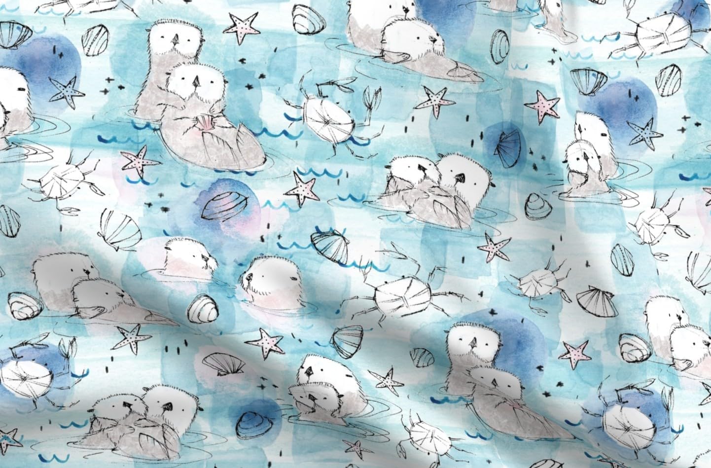 Spoonflower Fabric - Otters Blush Neutral Sea Watercolor Crab Coastal Otter Printed on Upholstery Velvet Fabric Fat Quarter - Upholstery Home Decor Bottomweight Apparel