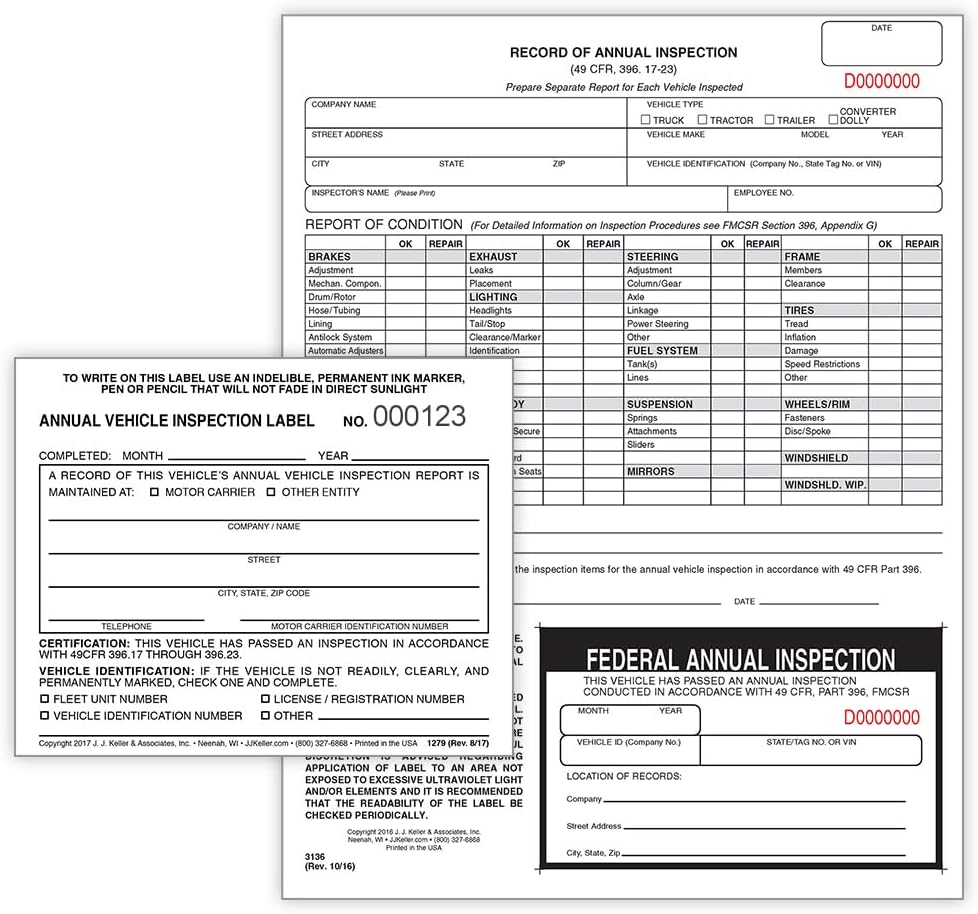 Left Hand Clubs J.J. Keller DOT Annual Inspection Forms - 50-Pack With ...