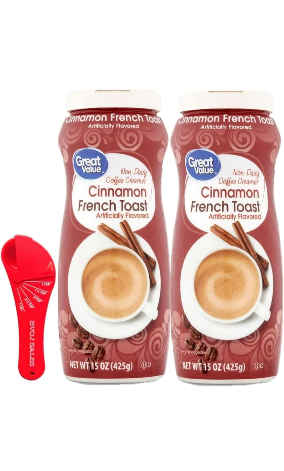 Coffee Creamer Bundle. Includes Two (2) 15 oz bottle of Great Value Cinnamon French Toast Coffee Creamer and (1) BVOJ SALES Adjustable Measuring Spoon (Cinnamon French Toast)