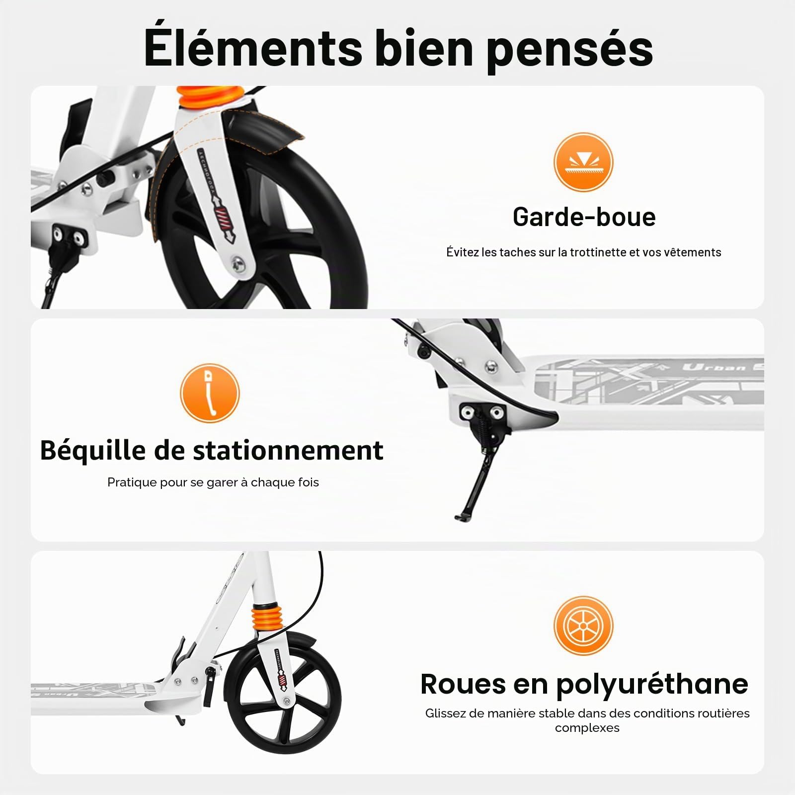 Trottinette professionnelle pliable pour adulte avec frein à main, max. 120 kg, avec frein, réglable en hauteur