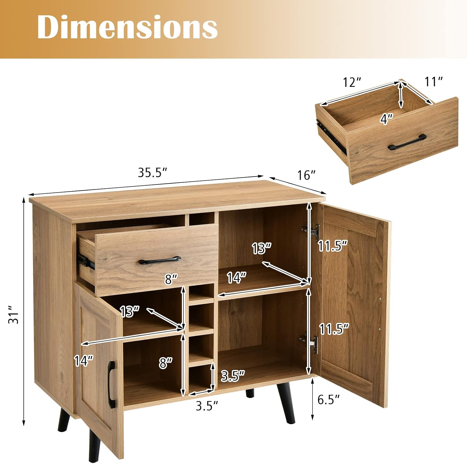 GOFLAME Wine Bar Cabinet, Buffet Sideboard with 2 Doors & 1 Drawer, 6-Bottle Wine Rack, Adjustable Shelves, Cupboard with Storage for Kitchen, Living Room, Natural