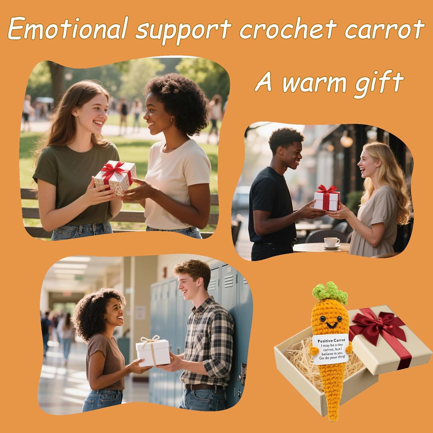 Funny Emotional Support Crochet Carrot Handmade Positive Crochet Carrot with Stand Stress Relief Gifts for Women Coworker Birthday AUTU-081227-Smiling Carrot image 4