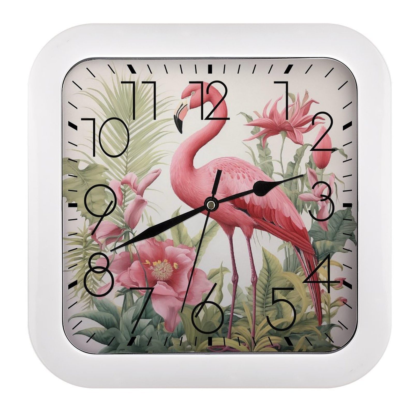 NTVOWPZO 10 Inch Wall Clock Flamingo and Leaves Battery Operated Wall Clocks Silent Non-Ticking Square Wall Clock for Living Room Kitchen Home Office Wall Decorative Clocks