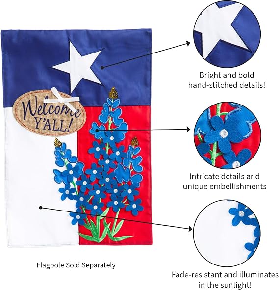 Evergreen Flag Texas Blue Bonnets Garden Applique Flag | Welcome Texas State Garden Flag for Outside 12x18 Double Sided | Small House Flag for Lawn Yard Patio Deck Porch