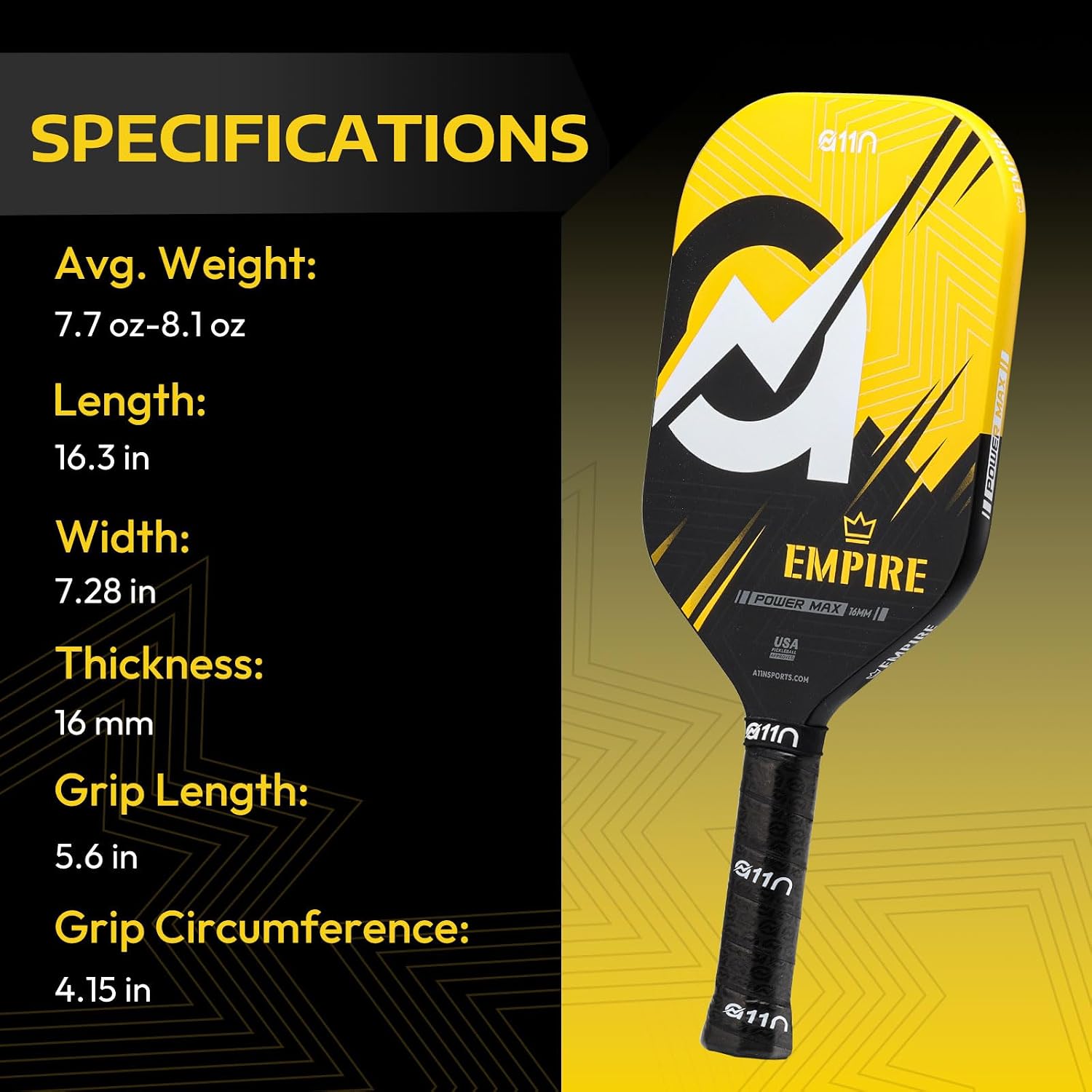 A11N SPORTS Empire Thermoformed Edgeless Pickleball Paddle | Carbon Fiber Face with SuperGrit Texture for Ultimate Spin | Longer Handle for Double-Handed Backhand