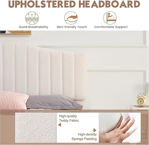 Miniatura 7 de VECELO Base de cama tapizada para camas de tamaño matrimonial con cabecera de tela de peluche ajustable en altura, soportes de listones de madera