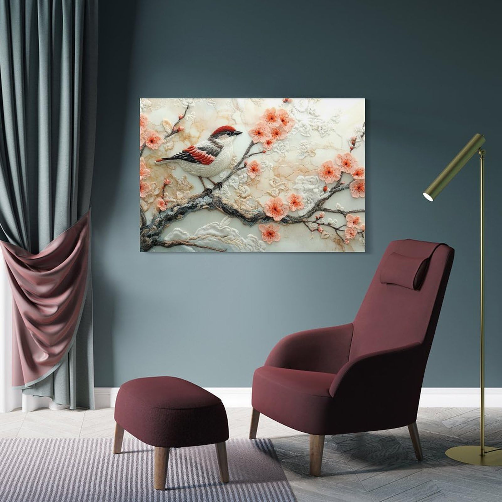 Junmoney Embroidered Bird on Branch Canvas Wall Art 20x30inch(50x75cm), for Study, Office Or Focused Interiors, Home Office Artwork with Decorative Appeal