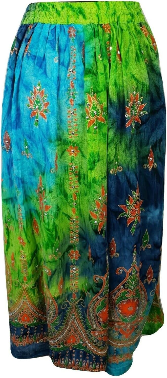 Radhy krishna fashions Multi tie dye Yoga Trendz Women's Sequined Crinkle Broomstick Gypsy Long Skirt (Green Multi) - Image 3