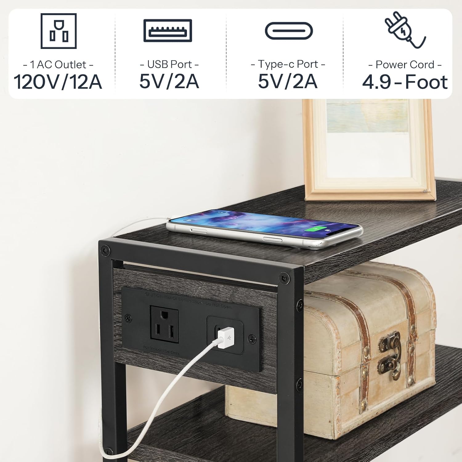 HOOBRO Small Narrow Side Table with Charging Station, Skinny End Table for Small Spaces, Slim Nightstand with USB Ports Outlet, Sofa Beside Table with Storage Shelf, Charcoal Black BC102UBZ01