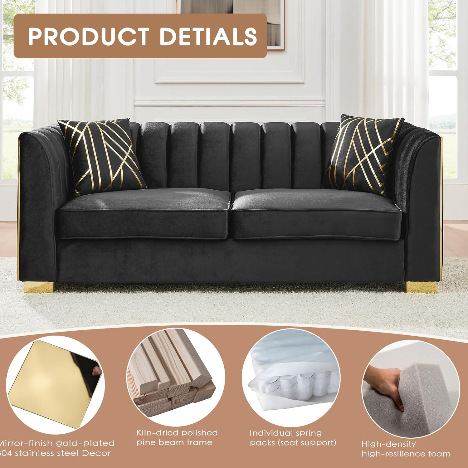 2 Piece Mid Century Modern Velvet Chesterfield Sofa Set, Tufted 2 Piece Couch Sets for Living Room with Gold Stainless Steel Accents Luxury Sofa 4 Pillows (2PCS 81" Black)