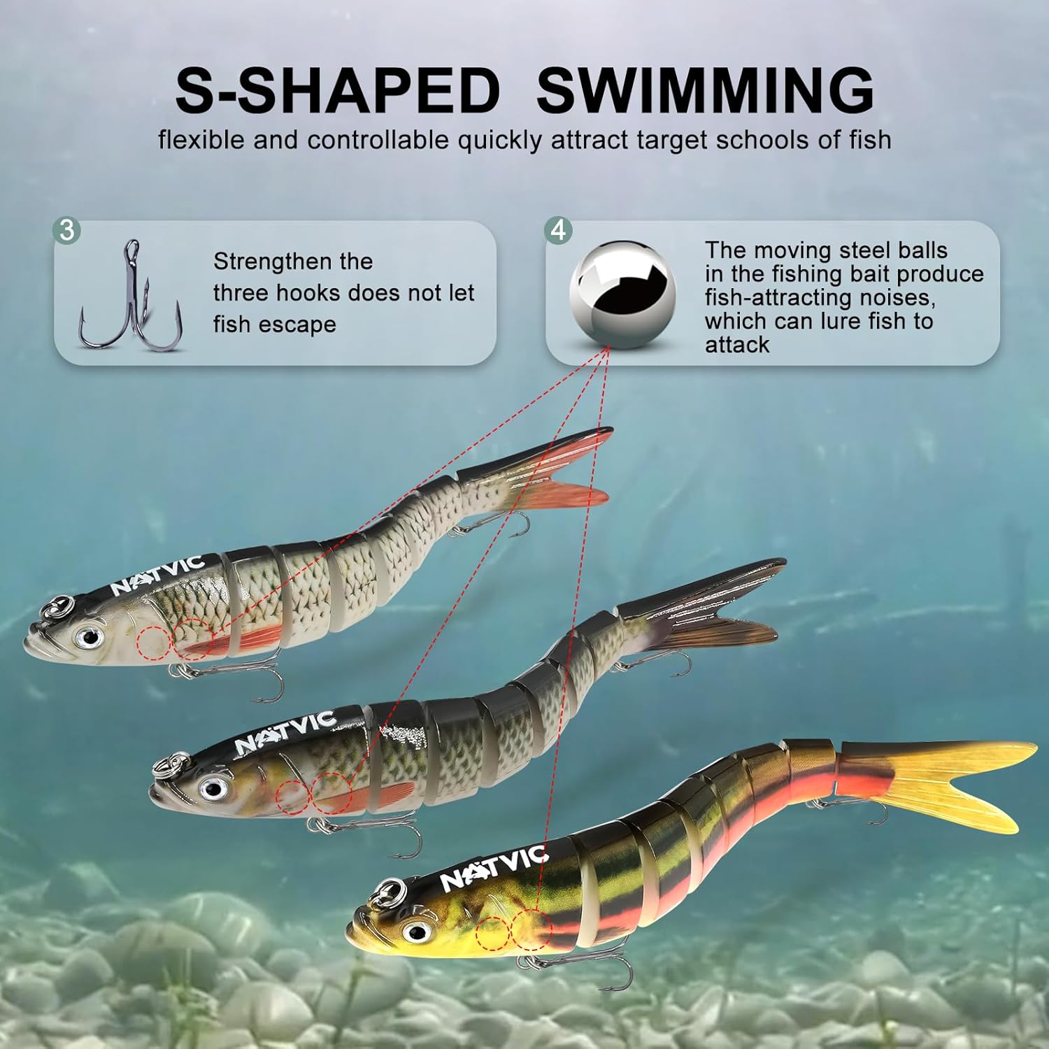 3D Lifelike Swimming Lures, Ideal for Bass, Pike, Walleye and Trout, Multi-Jointed Slow-Sinking Hard Baits with Treble Hooks, Freshwater & Saltwater Fishing Tackle (3-Pack) - Image 6
