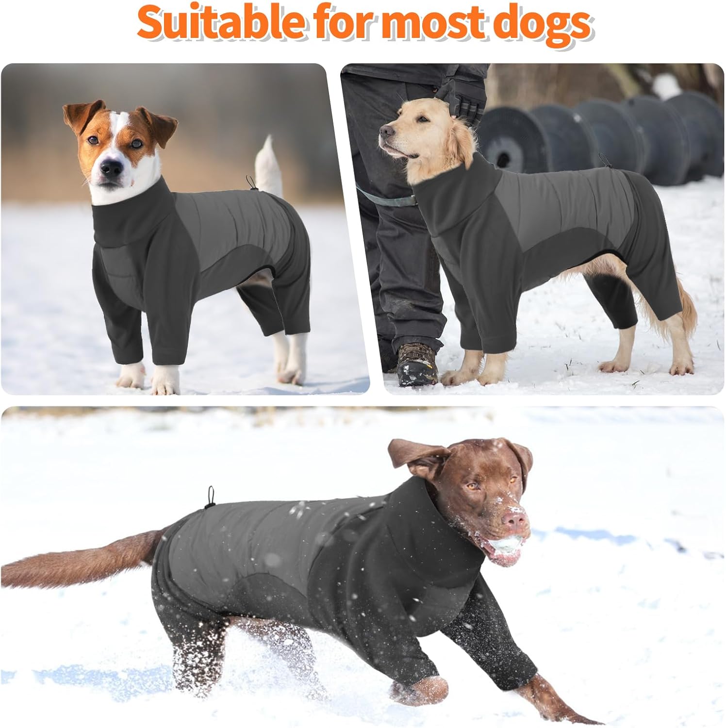 BRKURLEG Full Body Dog Winter Coat Warm Fleece Pullover Pajamas, Four Legs Covered Windproof Dog Jacket for Small to Large Dogs, Turtleneck Dogs Snowsuit, Pet Cold Weather Clothes, Grey XXL