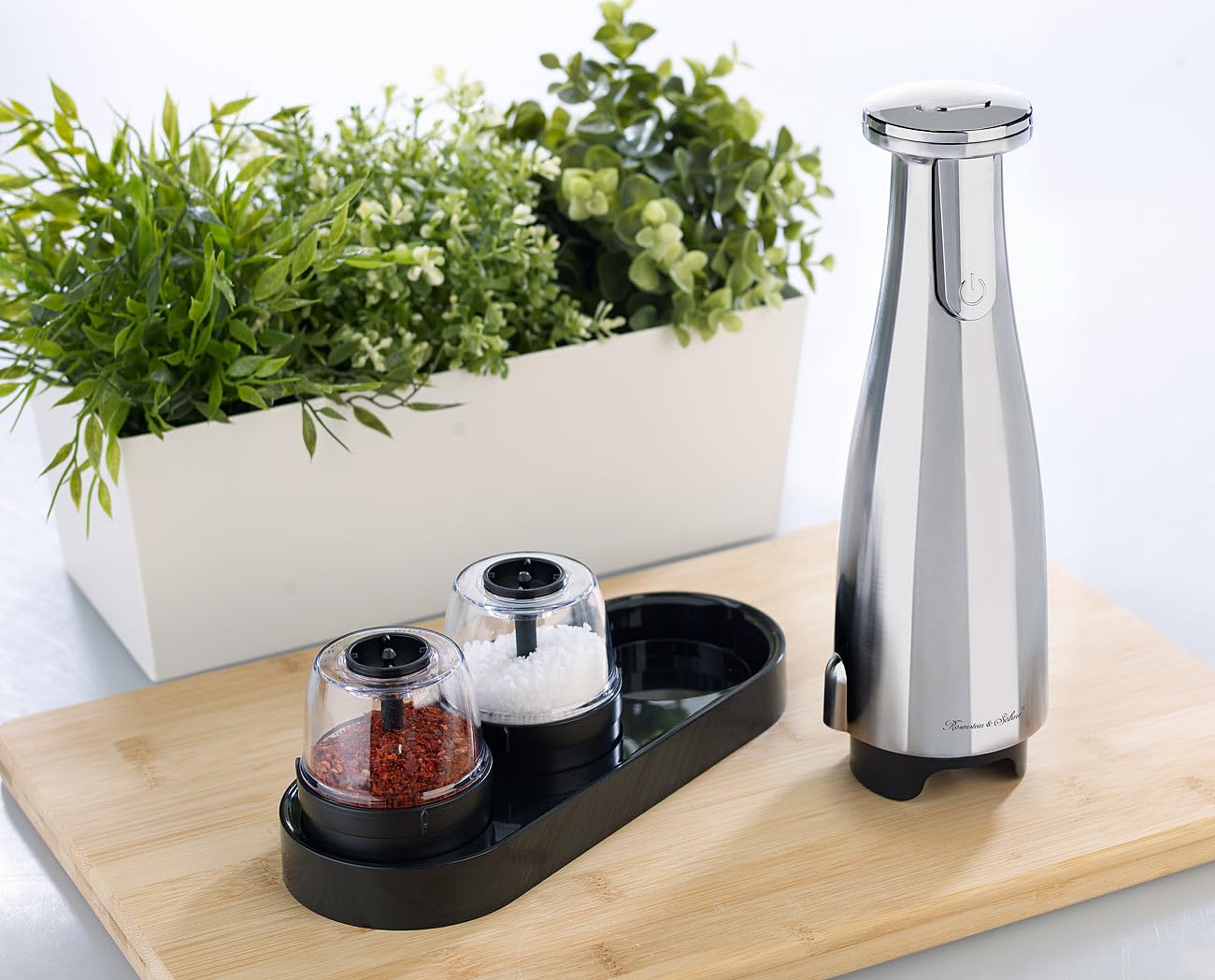 Rosenstein & Söhne Akku Salzmühle: Akku-Multi-Gewürzmühle mit 3x 150-ml-Wechselbehälter, 1.500 mAh, USB (Gewürzmühle Set, Salz & Pfeffer-Mühle 3in1, drei)