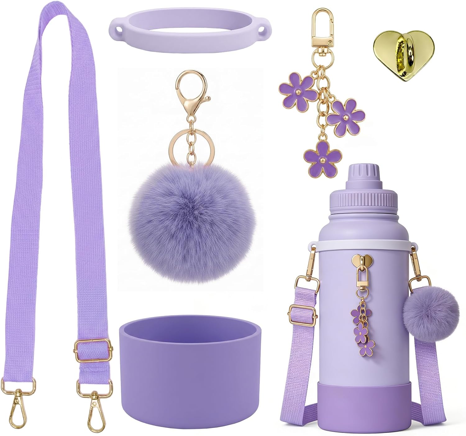 Insulated Water Bottle Accessories Set,Including Water Bottle Shoulder Strap,Siliocne Boot,Keychain Charms,for 30/40oz Hydro Flask,IRON °FLASK,ThermoFlask,CIVAGO and More(Purple)