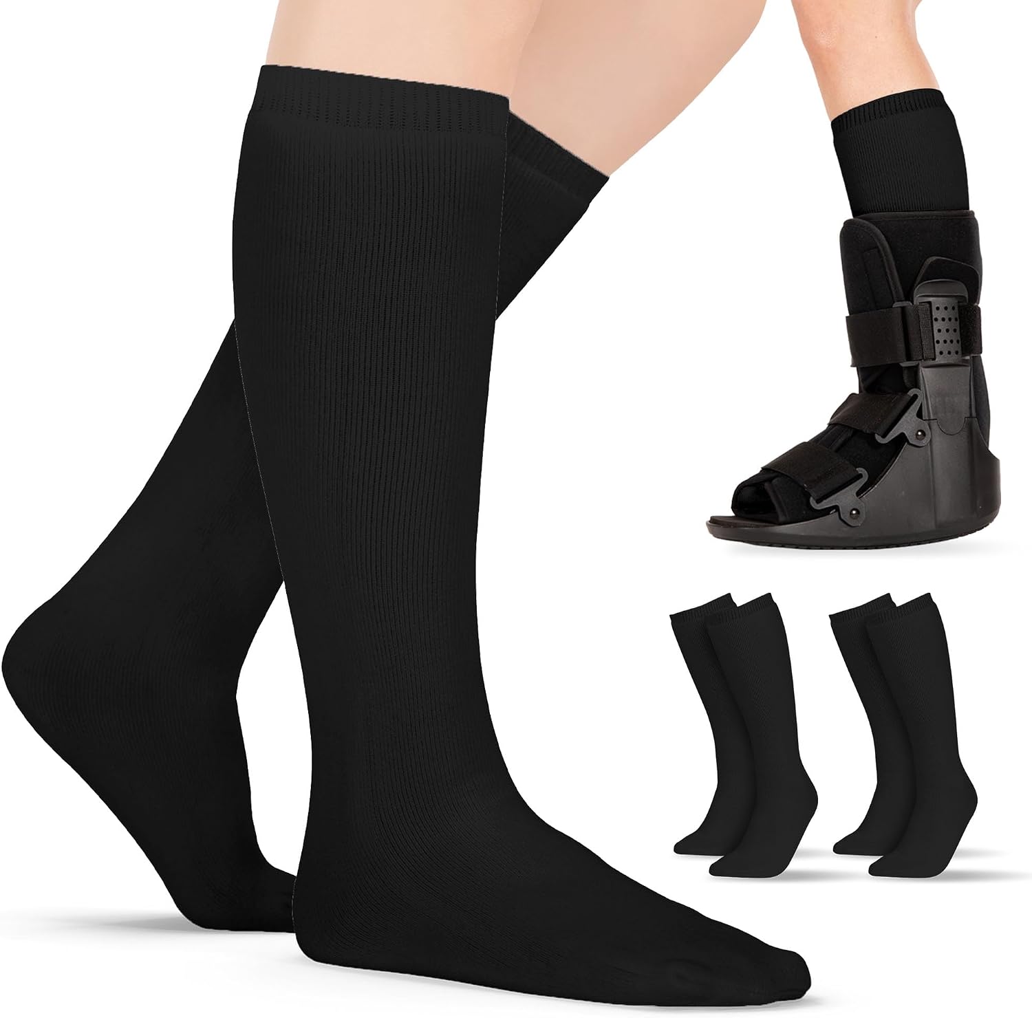 BraceAbility Walking Boot Sock Liners – (2 Pairs) Replacement Medical Tube Socks for Under Orthopedic, Air CAM Walkers, Fracture Boots, and Surgical Foot Cast Shoes for Men or Women (Tall Black)