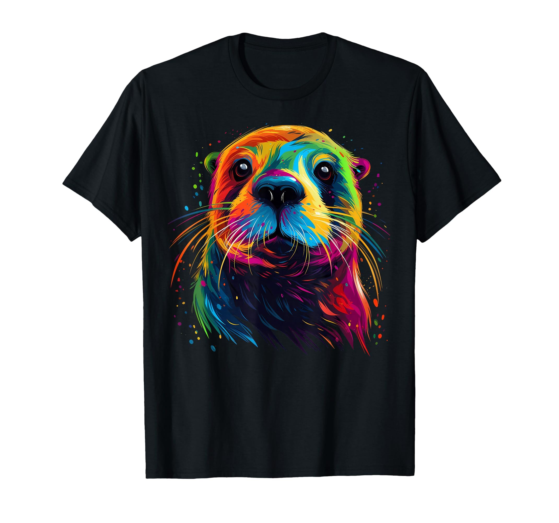 Otter Face Colorful River Sea Animal Art Lover Cute Black T-Shirt