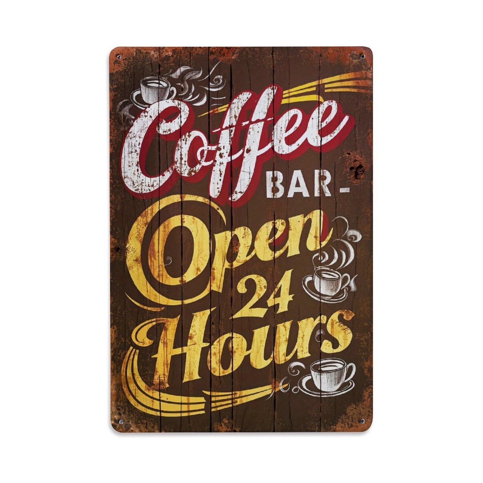 Jdfenggu Vintage Coffee Bar Open 24 Hours Retro Metal Tin Sign, Decor Art Poster For Bar, Home, Man Cave, Kitchen, Laundry Room Gift 8X12inch