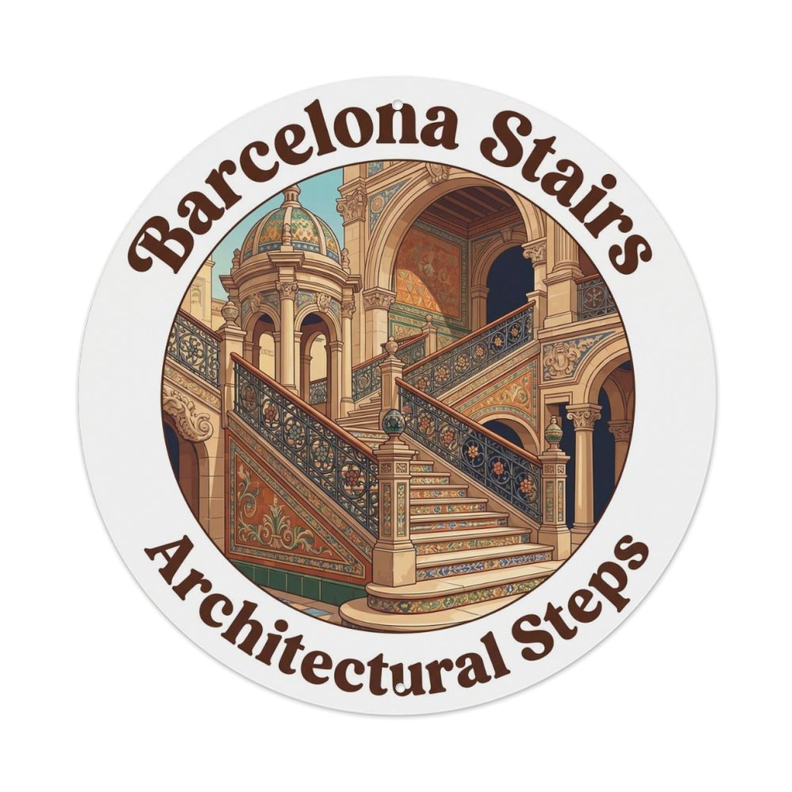 Vintage Travel Barcelona Staircase Spanish Architecture Metal Tin Sign Plaque Wall Decor for Cafe, Club, Garden Round Metal Poster 8x8Inch