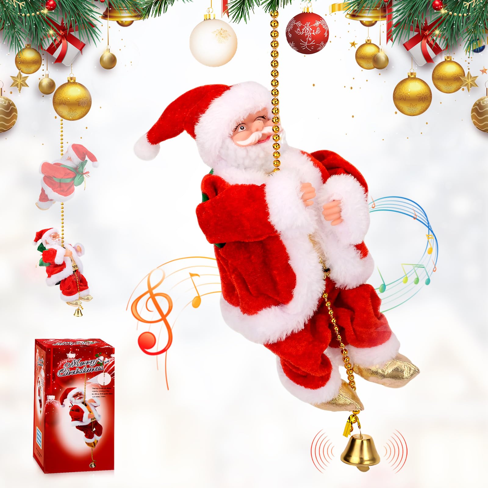 Electric Climbing Santa Claus on Rope with Music, Climbing Santa Decoration