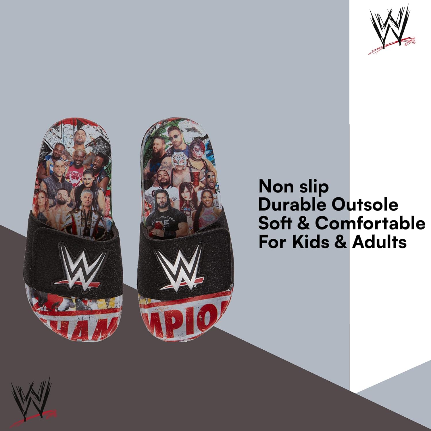 WWE Boys Slides Sandals – John Cena Roman Reigns Seth Rollins Championship Belt Pool Beach Slip On Shoes for Kids